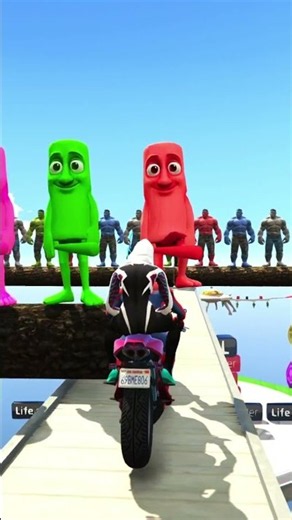 SPIDER-MAN against Superhero Hulk Superman Iron Man on Motorcycle in RAINBOW SPIDERS BRIDGE