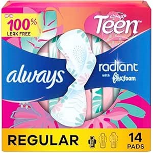 Always Radiant Teen Feminine Pads for Women, Size 1 Regular Absorbency, with Wings, Unscented, 14 Count