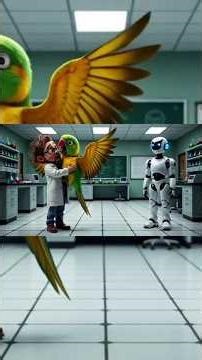 "Scientist, Giant Parrot & Robot in the Lab! 🤖🦜✨"
