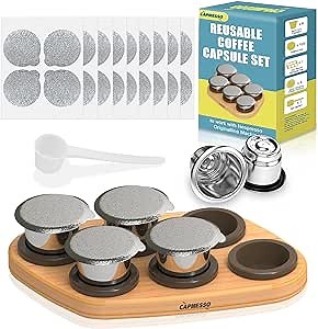 CAPMESSO Reusable Capsules for Nespresso OriginalLine, 6pcs Refillable Pods - Stainless Steel Coffee Pods Compatible with Nespresso OriginalLine Machine (6 Pods + 100 Lids + Wood Storage Tray)