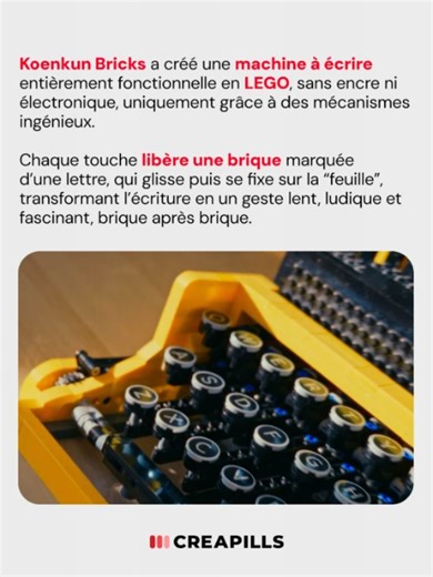 Creapills | Ce génie des LEGO a créé une machine à écrire fonctionnelle 100 % en briques 💡 Le créateur @koenkun_bricks a conçu une machine à écrire... | Instagram