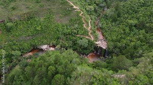 River valley eco park Las Cuevas waterfall in central Bolivia, aerial