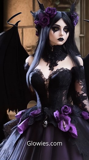35K views · 2.1K reactions | Another gothic bride stuns in a breathtaking purple and black bat wing dress, radiating power and elegance with every pose. The wings spread like shadows at twilight, adding drama to her dark fairytale moment. Lace, velvet, and midnight magic swirl around her as she stands fierce and flawless. This isn’t just a wedding look—it’s pure gothic royalty. 驪 | Gothic Darling | Facebook