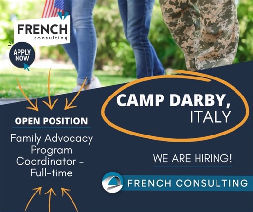 ✨ Join Our Team in Italy! ✨ French Consulting is hiring a Family Advocacy Program (FAP) Education Coordinator at Camp Darby. Help USAG Italy families by providing education, support, and advocacy for victims of family violence. You’ll teach classes, support community events, coordinate programs, and promote awareness on child abuse and teen dating violence prevention. Qualifications: Bachelor’s degree preferred, valid driver’s license, and strong English skills. 📅 Start Date: December 2025 | Fu