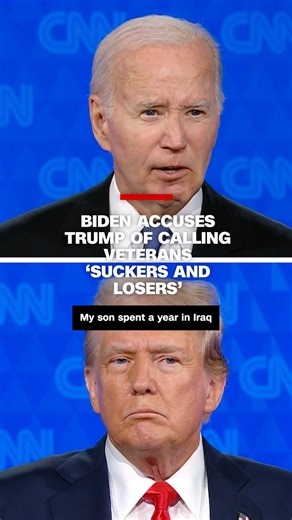 27K views · 365 reactions | President Joe Biden responded to former President Donald Trump's alleged comments calling veterans who were injured or died during combat 'losers,' as they faced off in the first presidential debate of 2024 at CNN Studios in Atlanta. Follow debate coverage: https://cnn.it/3L38zqN | CNN Politics | Facebook