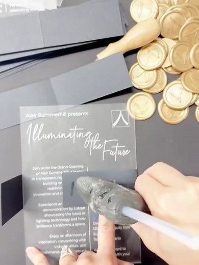 An acrylic invitation for a special event that we added a belly band and custom gold wax seal. Also a unique design for a wedding invitation. #weddingtiktok #weddinginvitation #invitation card #weddinginspo #weddingvibes #weddingtoronto #weddingontario #weddingcanada #weddingday #weddingviral #wedding #weddingtrends #weddingcalgary #weddingmontreal #weddingnewyork #weddingedmonton #weddingbritishcolumbia #weddingphotos #bestweddingreceptionideas #bridalreceptiondress #bridalshoesforwedding #enga