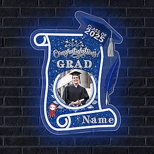 Personalized Graduation Gift Neon Signs Congrats Grad LED Light Signs with Photo 2026 Backdrop Decor for Party Bedroom Garage(A-Blue and Silver)