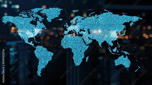 Digital world map overlay with glowing binary code and data nodes amid city bokeh lights
