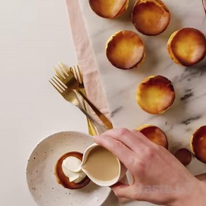 What's better than an ordinary basque cheesecake? A MINI BAILEYS basque cheesecake! Here's how you can make these cute treats: https://www.taste.com.au/recipes/mini-baileys-basque-cheesecakes-recipe/iuvt06mo | Taste.com.au