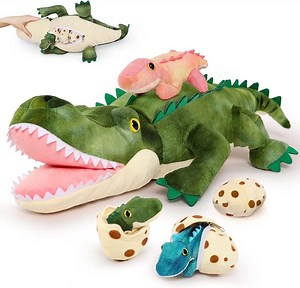 MorisMos 24" Interactive Crocodile Family Plush Toy Set, Alligator Stuffed Animal Mommy with 3 Babies and 3 Eggs