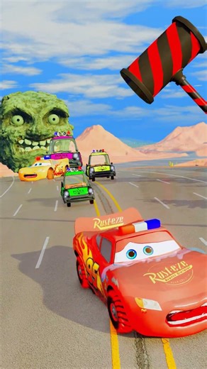 Police Lightning McQueen Colorful Small to Giant Cars vs Giant Clown Hammer - BeamNG.Drive