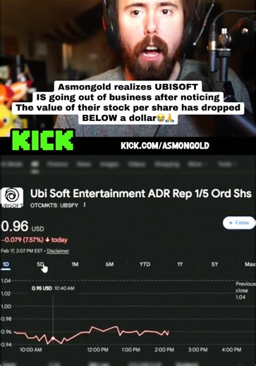 Asmongold realizes Ubisoft is going out of business after realizing the value of their stock per share has dropped below a dollar😭🙏 #asmongold #ubisoft #gaming #fyp #viral