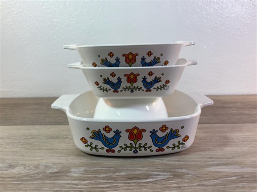 Vintage Corning Ware - Country Festival - Friendship Birds - Casserole Dishes - 1975 - CHOICE - Etsy