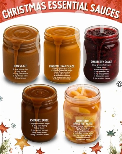Christmas Essential Sauces 🎄✨ From sweet to savory, these easy holiday sauces bring instant festive flavor to every dish! Drizzle them over desserts, spoon them onto roasts, or serve them on the side — these are the must-have sauces that make Christmas dinner unforgettable. 🍒🫙🍗 Ingredients 🥄 Ham Glaze ½ cup apricot jam ½ cup honey 1 tablespoon cornstarch 3 teaspoons lemon juice ¼ teaspoon cloves 🥄 Pineapple Ham Glaze 1¼ cups 100% pineapple juice, fresh or bottled 1½ cups dark brown sugar, 