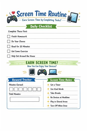 Screen Time Routine Checklist | Kids Earn Device Time (PDF) - Etsy
