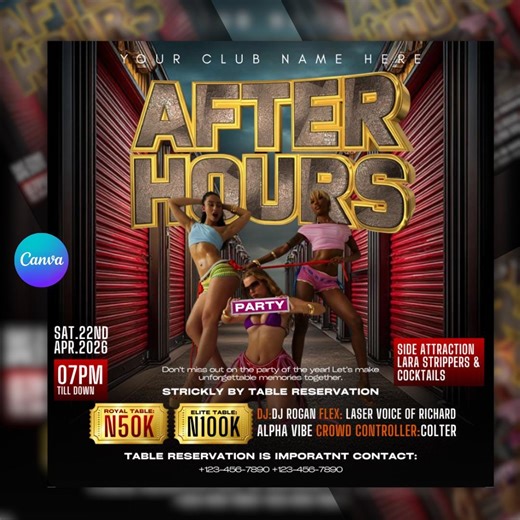 After Hours Party Flyer, Adult DJ Nightclub Party Flyer, Ladies Night Party, Club Promotion Flyer, Editable Canva Template - Etsy