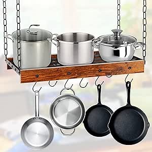 Hanging Pot Rack Pot Hangers for Kitchen Ceiling Multi-Purpose Wood and Metal Pot and Pan Organizer Ceiling Mounted with 12 Hooks for Home Restaurant Cookware Utensils Household Organization