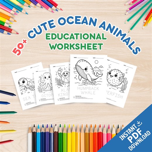 50  Ocean Animal Coloring Pages for Kids: Educational Tracing & Fun Facts PDF - Etsy