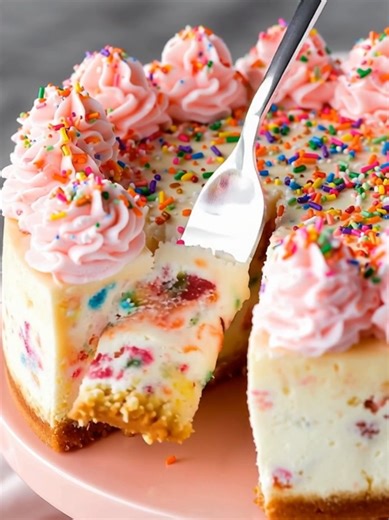 Funfetti Cheesecake with Cake Bottom A colorful celebration cake with a funfetti cake base and creamy sprinkle-studded cheesecake, topped with fluffy pink frosting. Yield: 12 slices Temp: 325°F (cheesecake) 350°F (cake layer) Time: 1 hour 15 minutes bake chill time Key Ingredients First: 1 box funfetti cake mix (plus eggs, oil, water as per box) ................................. Full Recipe in First Cօʍʍеոτ 👇 | Kitchen Pop