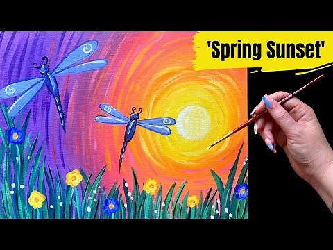 💐 EP152 'Spring Sunset' easy dragonfly springtime acrylic painting tutorial for beginners