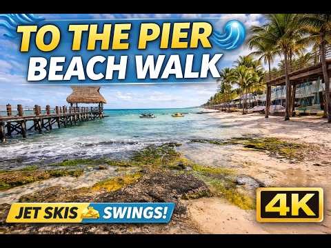 Beach Walk to the Pier 🌊 | Riviera Maya Resort Walk with Jet Skis & Ocean Views (4K)