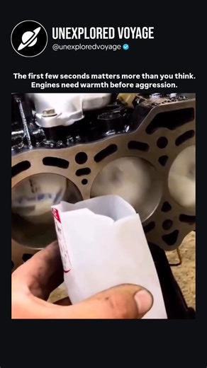 Unexplored Voyage™ on Instagram: "This is why you should let your car warm up for a few seconds before driving hard. When the engine is cold, oil hasn’t fully circulated yet. It needs time to reach the engine head, coating critical parts that protect against friction. Revving too soon means metal moves before it’s protected. You don’t hear it. You don’t feel it. But wear begins anyway. Modern engines are smart. Physics still isn’t forgiving. A few seconds of patience can save years of damage. Do