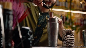 A professional bartender pours alcohol into a measuring cup The process of making cocktails in a club in a bar close-up