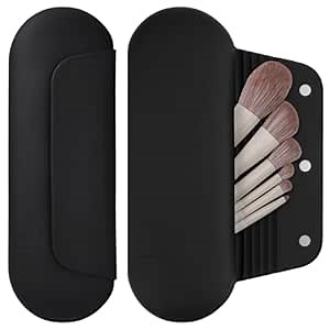 AGIKET Silicone Makeup Brush Holder Travel Cosmetic Bag：Soft Portable Cosmetic Face Brushes Holder with Upgrade Anti-Fall Out Magnetic Closure, Large Travel Makeup Brush Case - Black