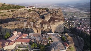 Drone flight over Monastery of the Holy Trinity, Meteora, Greece