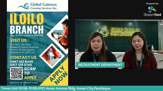 GLOBAL GATEWAY CREWING SERVICES INC. is URGENTLY HIRING MAIN OFFICE: 9th Floor East Tower, Unit 905B-910B, 8912 Asean Avenue Bldg. Aseana City, Parañaque CEBU BRANCH: 4th Floor, Room 407, CDC Bldg. 1, Osmeña Blvd. Cebu City ILOILO BRANCH: 3rd Floor, Unit 306A Perpetual Succor Business Centre, 38 San Agustin Jalandoni St., Iloilo City DMW-278-SB-09112025-R-MLC https://gloculus.globalseaways.com/Gloculus/onlineapplication.php No fees to be collected and beware of illegal recruiters! � New to strea