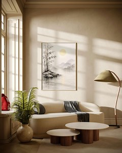 Art mural zen à l'encre de bambou, paysage japonais minimaliste, décoration Japandi asiatique calme - Etsy France
