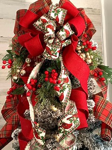 Cardinal Christmas Tree Topper: Burlap & Plaid Ribbon, Farmhouse Style - Etsy