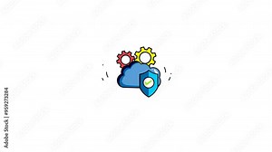 Animated of cloud computing security with gears, protection, and a checkmark. Perfect for technology or cybersecurity concepts.