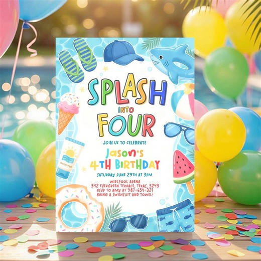 Splash Into Four 4th Birthday Pool Party Invitation, Boys Pool Party Invite, Editable Summer Swim Birthday, Dive Into Four Template - Etsy
