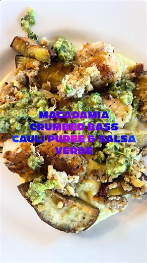 Recipe: Macadamia crumbed Bass with cauli puree & salsa verde, Nutrient density ✅ Macros ✅ Micros ✅ Sourced as close to nature as possible ✅ one day the macadamias will come from the land too 🙏 # nutrition #wildkai #foodforest #keto #paleo