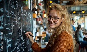Young woman writing on a chalkboard filled with diagrams and notes.