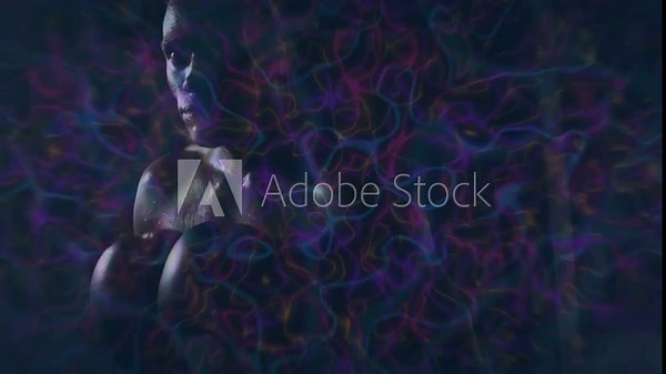 Male boxer on cue rotating torso turning head gloved animated ribbons revealing muscles for boxing