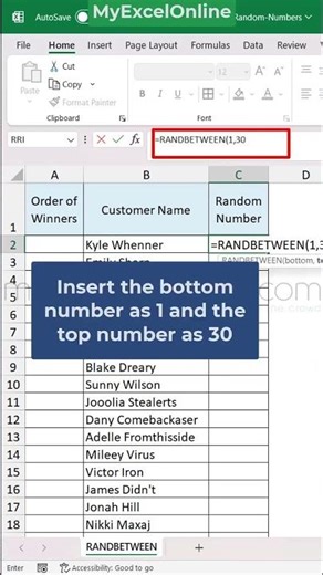 Randbetween Excel Function 🤓 #myexcelonline #excel #shorts