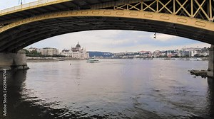 Budapest Margit Hid (Margaret bridge) and Parliament building filmed by drown flying under bridge