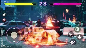 Suffering the defeat in the competitive vs combat simulator game battle. Player defeated by the enemy in the vs combat challenge. Gamer defeated by online opponent in the vs combat fight.