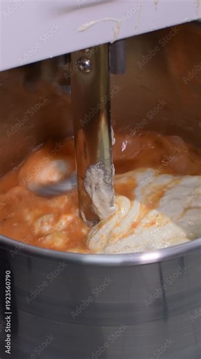 Close-up industrial stand mixer adding eggs to dough while a rotating mixing arm blends ingredients into a smooth, elastic mass. mechanical kneading, commercial food processing large-scale bakery
