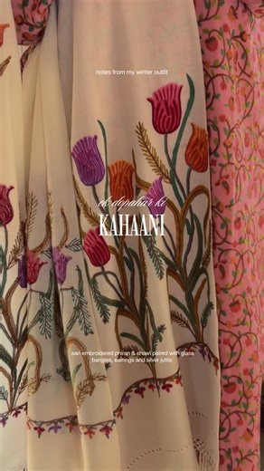 Ramaanshi Narula on Instagram: "ek dopahar ki kahaani with @kcsshop.in ✨ I love sitting in the winter sun, especially in the afternoons. My 90s-style home has this sukoon bhara veranda where you can sit for hours and do nothing at all. On this day, I wore an aari work phiran with a shawl from KCS Kashmir Shawl Emporium. I paired it with some glass bangles, colorful earrings and my new favourite juttis ❤️✨ . . . . . . winter outfits, winter fits, Indian winter fashion, phiran outfit, Kashmiri phi