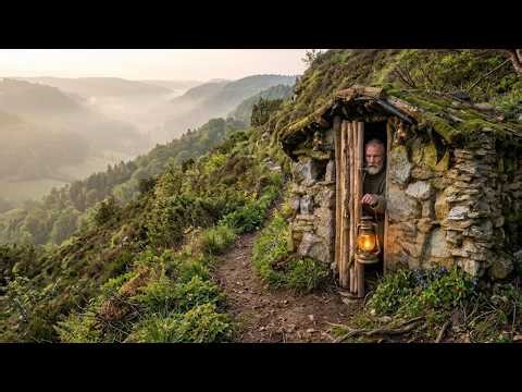 Building a Stone & Wood Survival House on a Forest Cliff | Bushcraft Shelter
