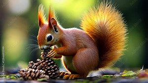 Squirrel is eating a nut. The nut is on the ground and the squirrel is on a log