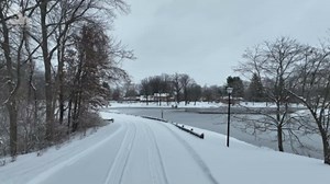 Drone video: Snow around Lake Christine in Belleville, Illinois