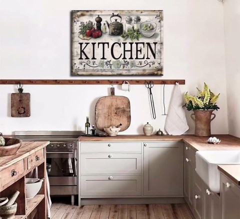 Vintage Kitchen Sign Canvas Wall Art Country Kitchen Painting Picture Decor Vegetable Food Poster Print Artwork for Restaurant Home Decoration