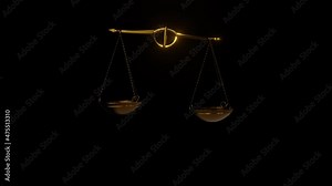 Golden scales represent balance, swinging. The concept of justice and balance. 3d model animation