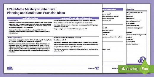 EYFS Maths Mastery Number Five Planning and Continuous Provision Ideas