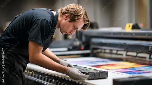 Focused view of a print specialist handling oversized graphic prints highlighting the precision in creating large format advertising materials.