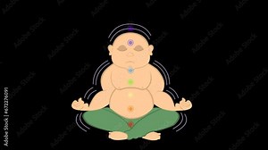 video animation of a cartoon Buddha meditating, levitating and with its different energy points or chakras. On a transparent background with zero alpha channel